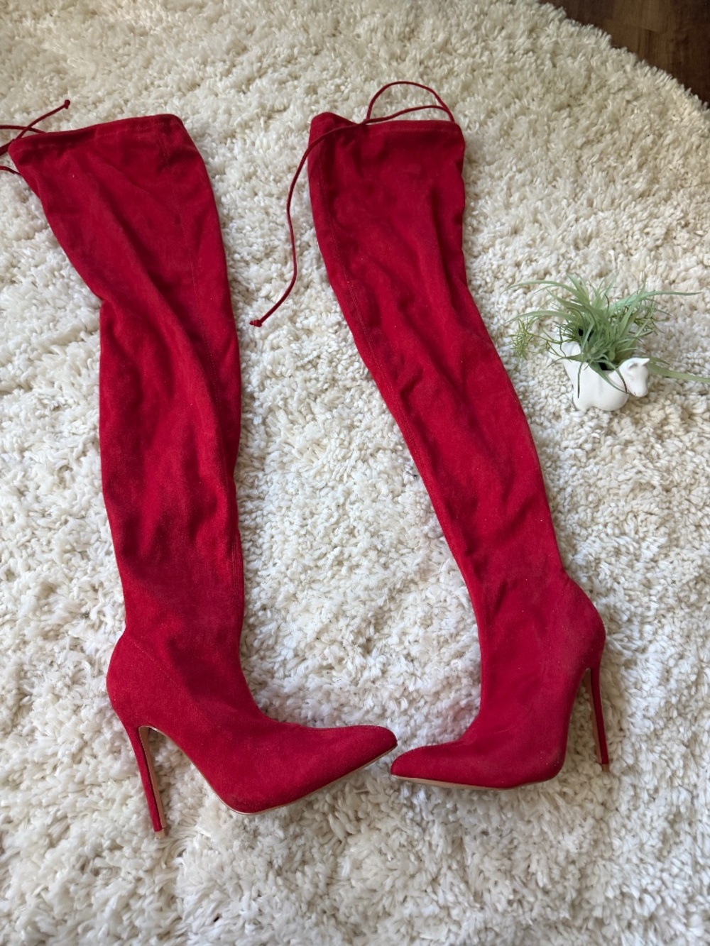 Red Over-the-Knee Suede Stiletto Boots with Lace-Up Back going out evening shoes